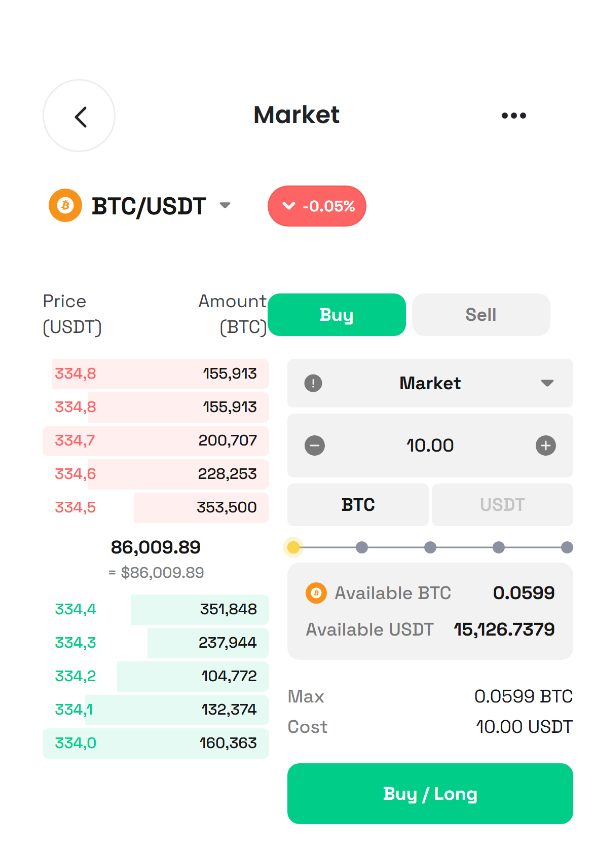Qardex Mini App market screen with a live BTC/USDT order book